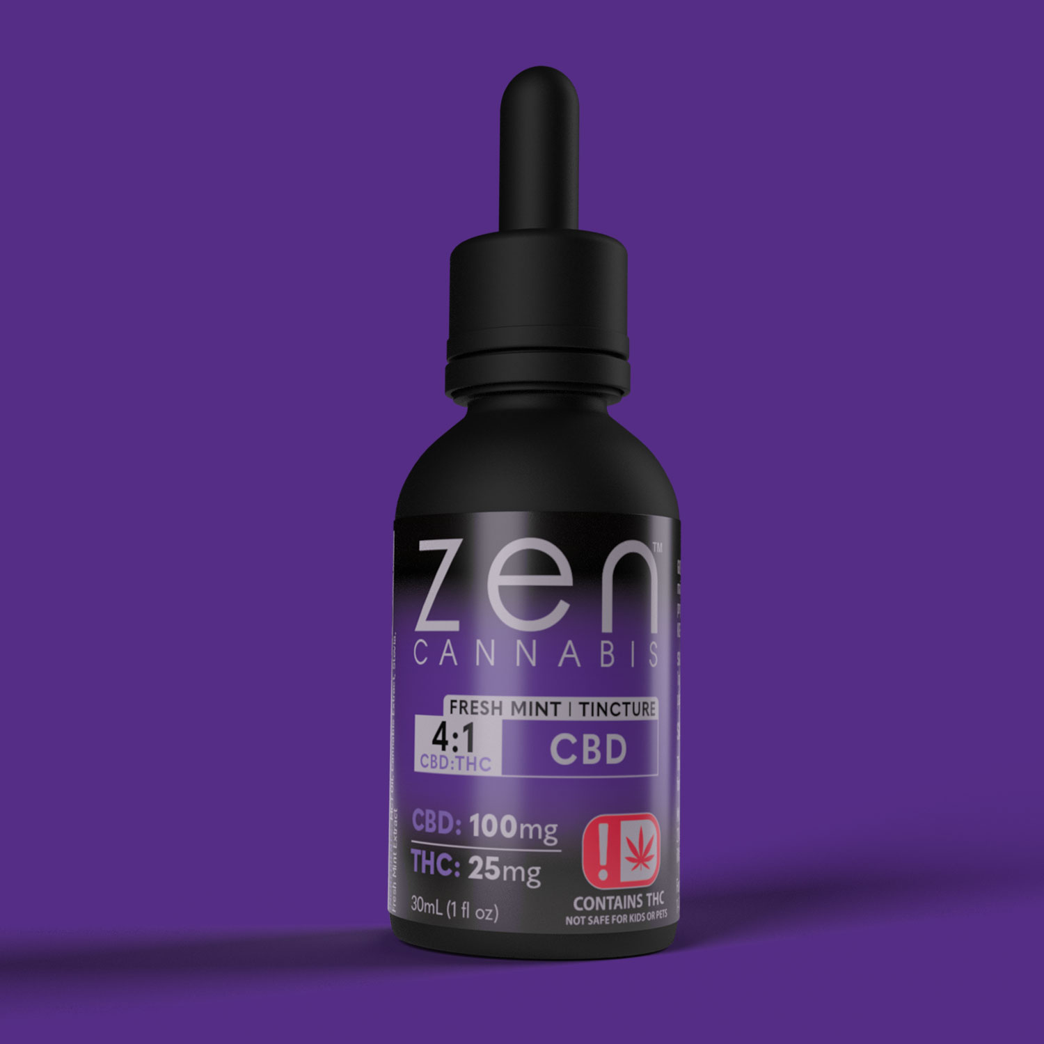 FRESH MINT
25mg THC per bottle
100mg CBD per bottle
Bursting with fresh mint flavor, Zen Cannabis CBD tincture provides relief to your body and mind. This CBD-heavy tincture will keep you alert, relaxed and in control. 
25mg THC | 100mg CBD
1oz (30ml)